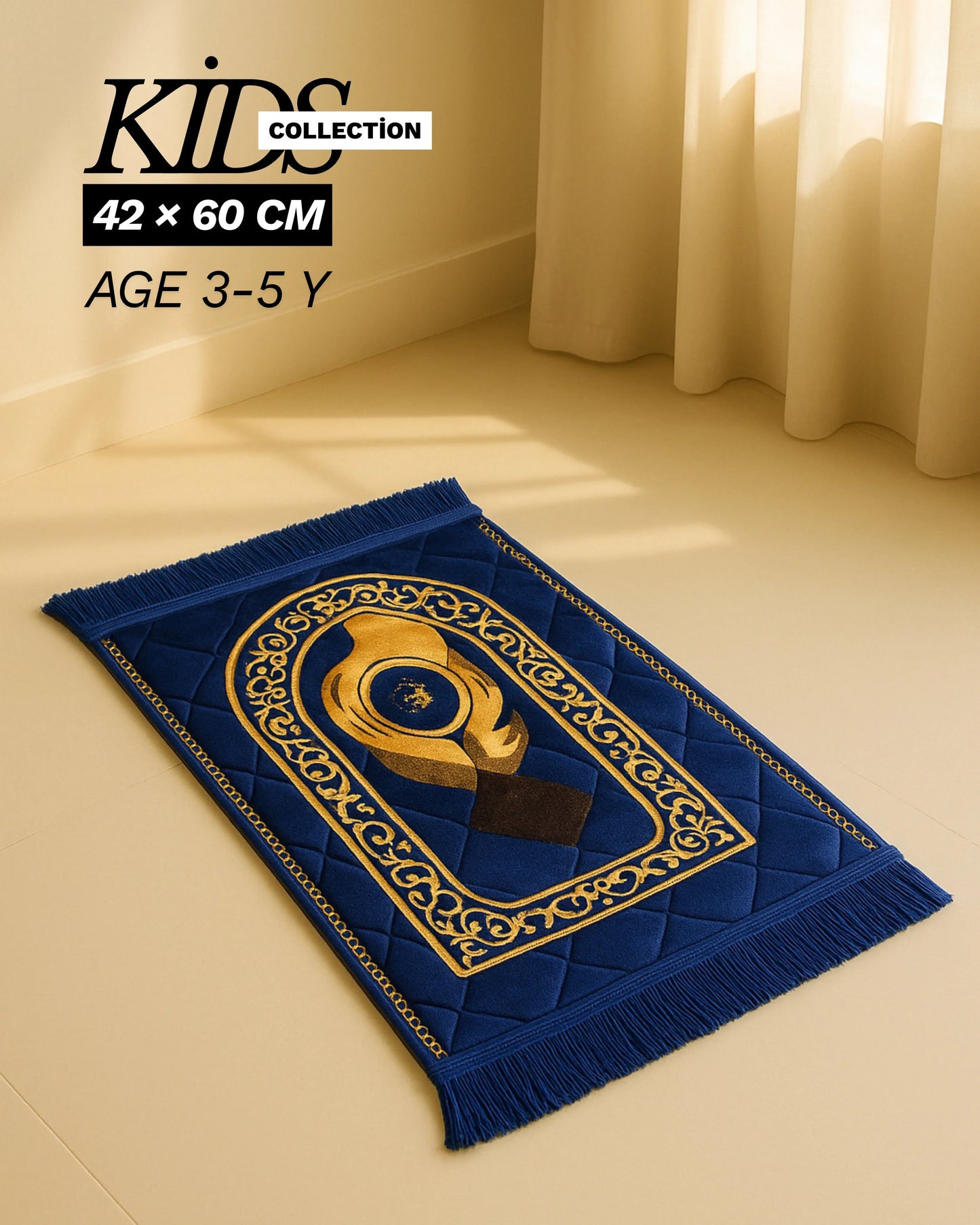 Blue and gold kids prayer mat with decorative qibla design, 42x60 cm, for ages 3-5 years