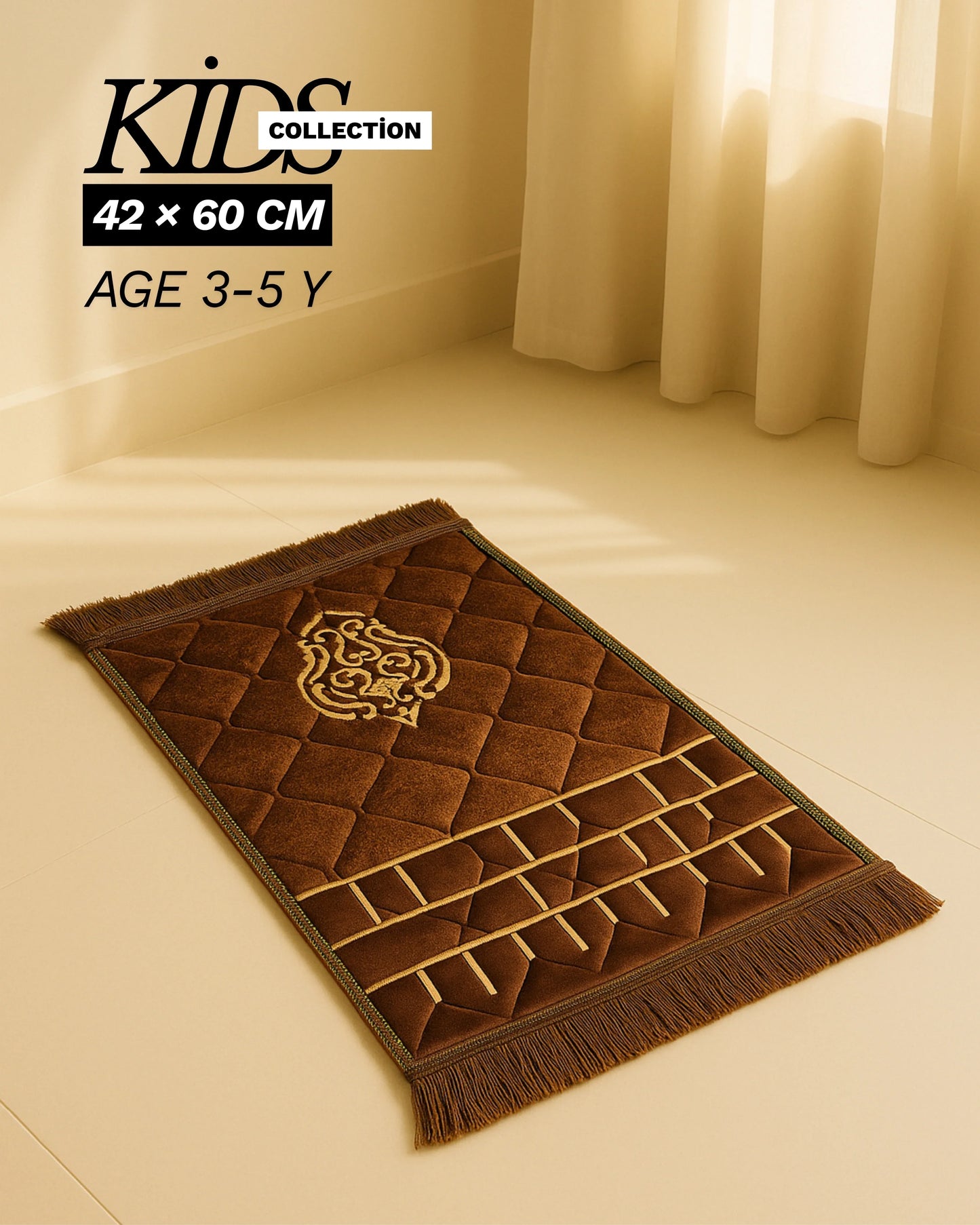 Brown kids prayer mat with quilted design and tassels, size 42x60 cm for age 3-5 years