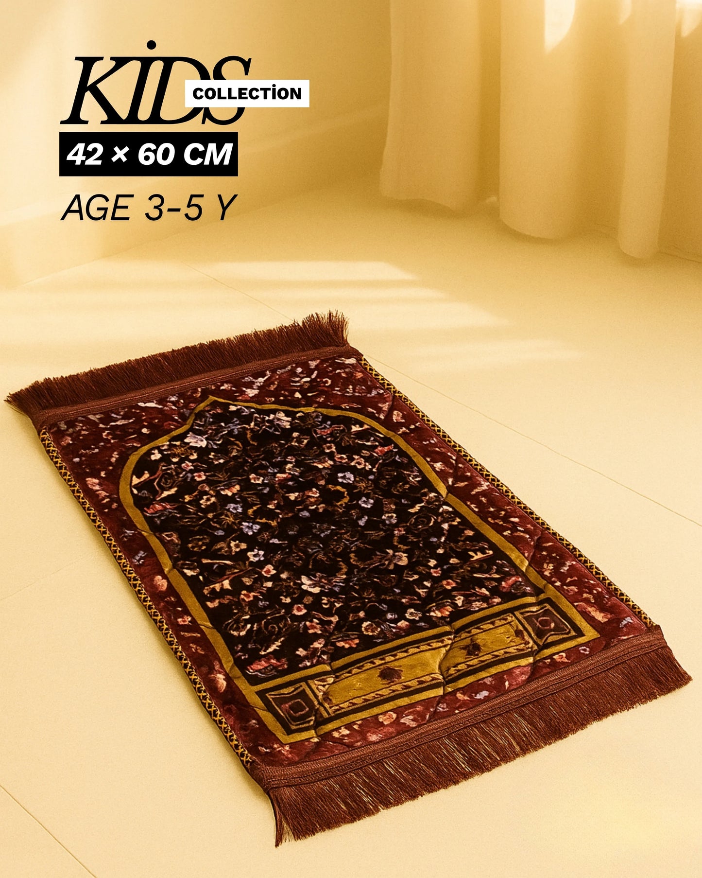 Kids collection Islamic prayer mat 42x60 cm with brown floral design for ages 3-5 years