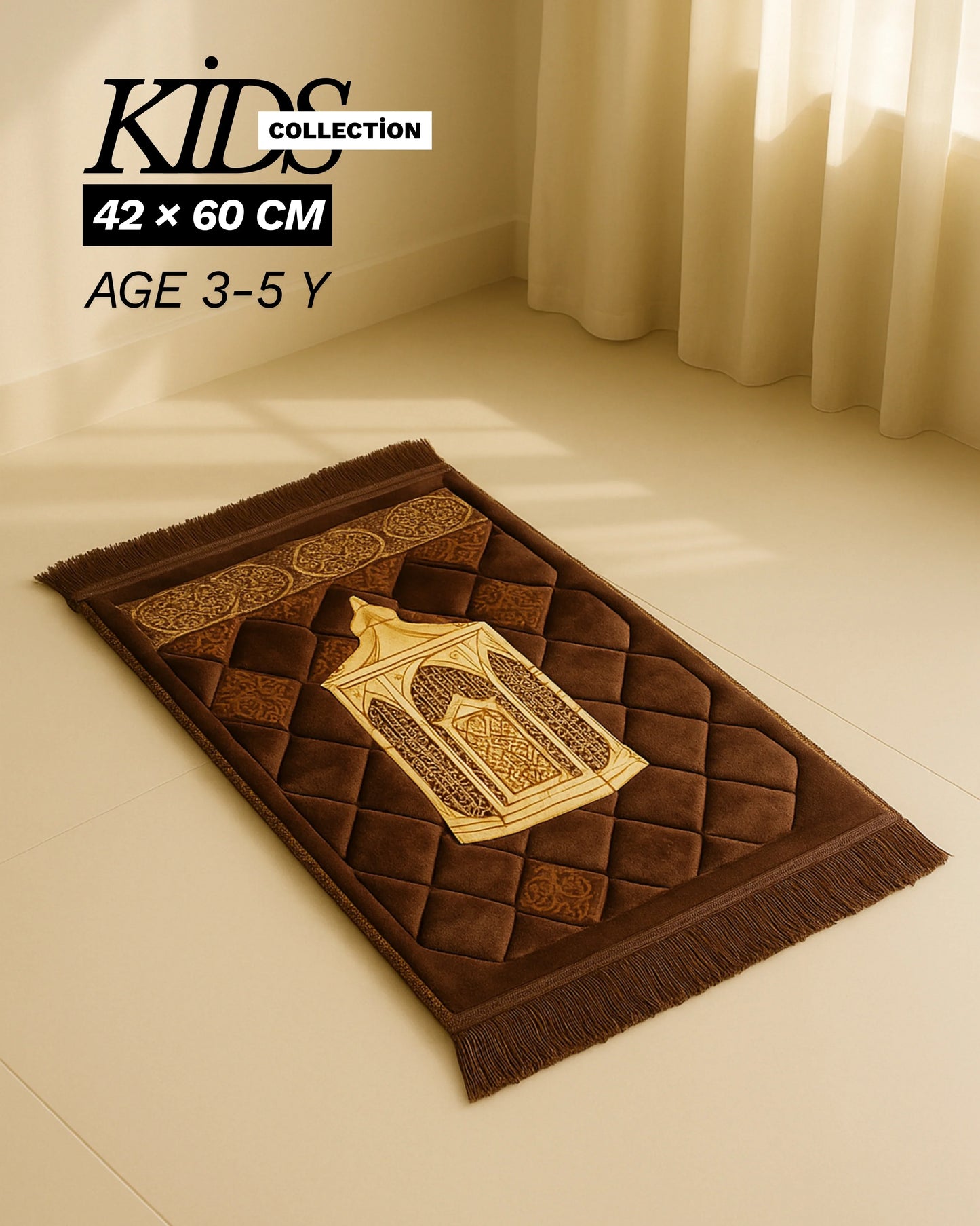 Kids collection Islamic brown prayer mat 42 x 60 cm for age 3-5 years with mosque design