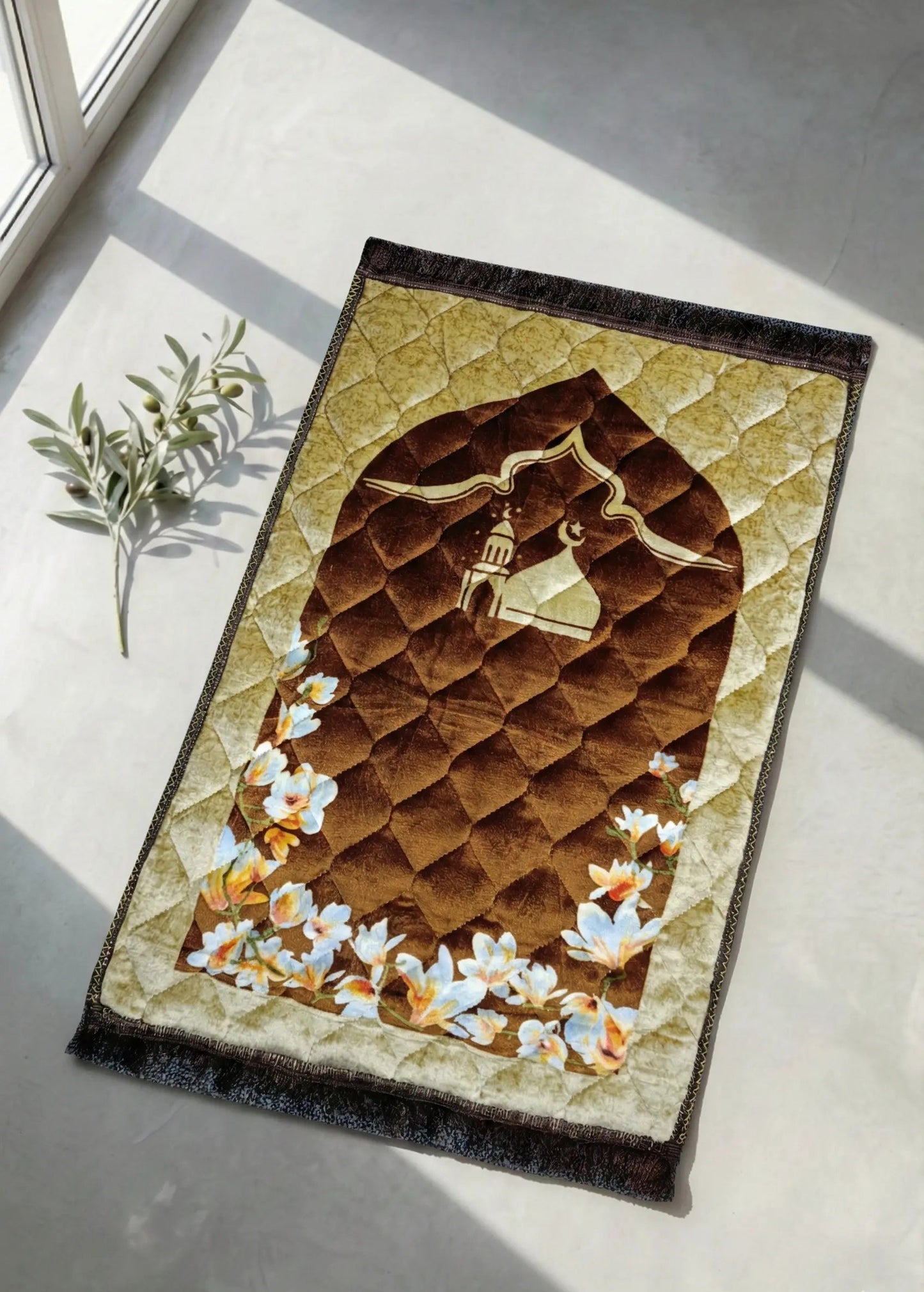 Al-IhsanBrownFloralVelvetQuiltedPrayerMat