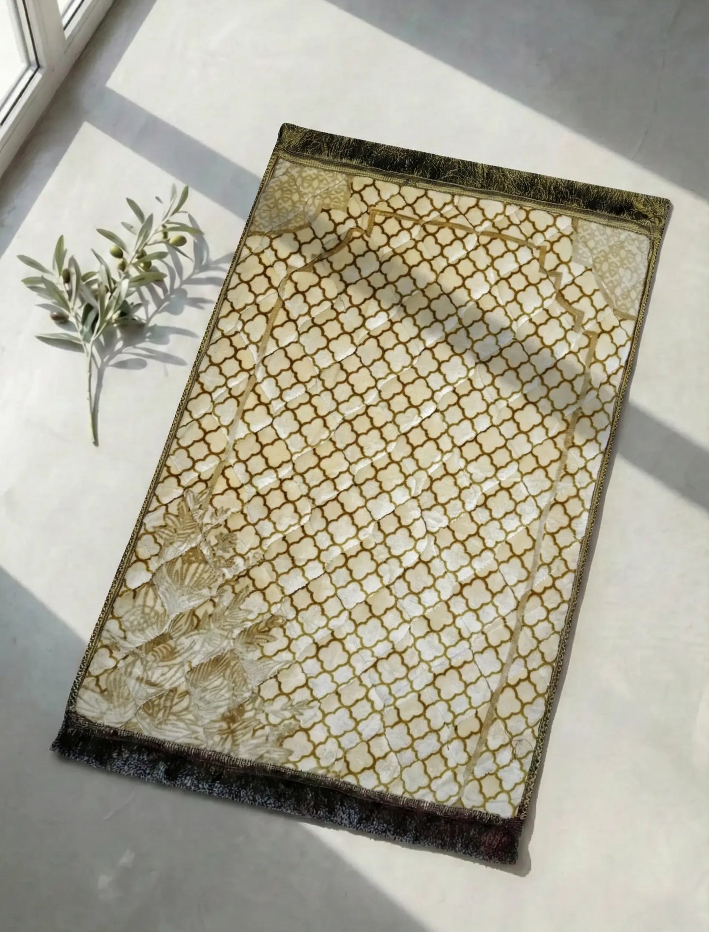 Al-Ihsan Beige Gold Velvet Quilted Prayer Mat