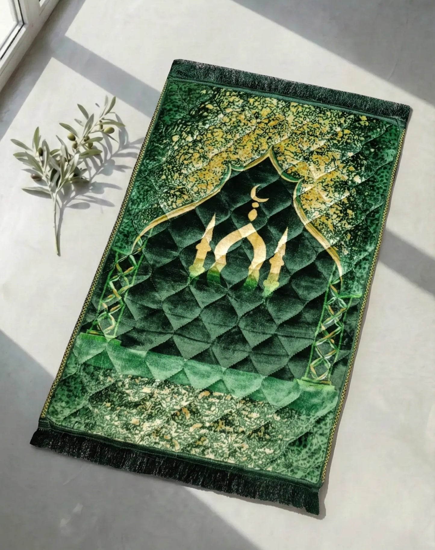 Al-Ihsan Emerald Green Velvet Quilted Prayer Mat