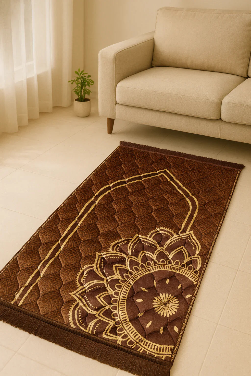 Brown Islamic prayer mat with gold floral design placed on cream tiled floor near beige sofa and potted plant