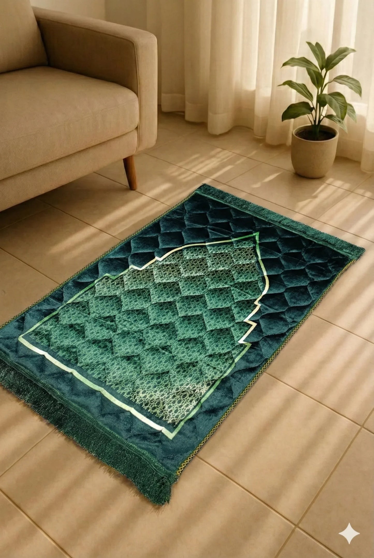 Green Islamic prayer mat with geometric patterns placed on tiled floor near beige sofa and potted plant
