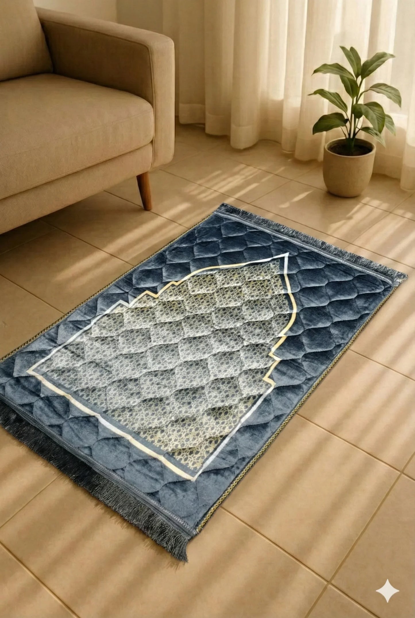 Blue Islamic prayer mat with geometric pattern on tiled floor near beige sofa and potted plant