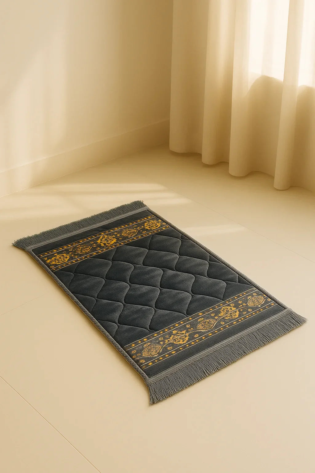 Elegant black and gold Qibla prayer mat with intricate floral borders and fringe edges on beige floor