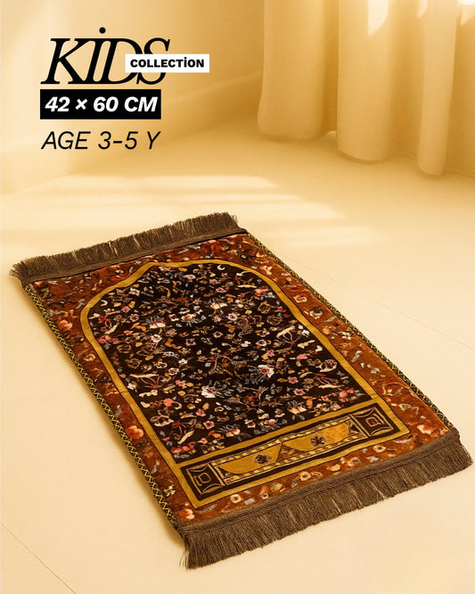 Kids collection Islamic prayer mat for ages 3-5 years, 42x60 cm, floral design with brown and orange tones