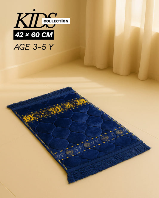 Blue and yellow kids prayer mat 42x60 cm for ages 3-5 years with decorative patterns and fringes
