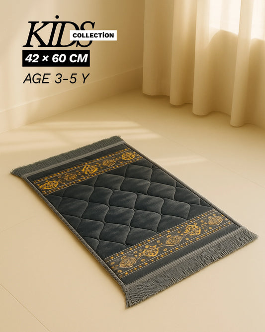 Kids collection small Islamic prayer mat 42x60 cm for age 3-5 with grey and gold patterns
