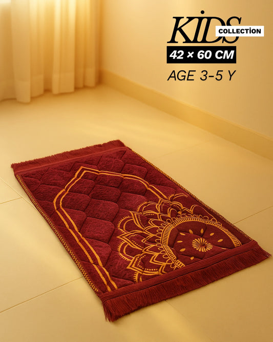 Kids prayer mat 42x60 cm in maroon with golden patterns on beige floor near white curtain