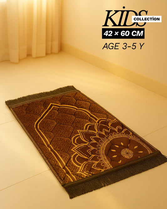 Kids collection Islamic prayer mat 42x60 cm with brown mandala design and fringes for ages 3-5