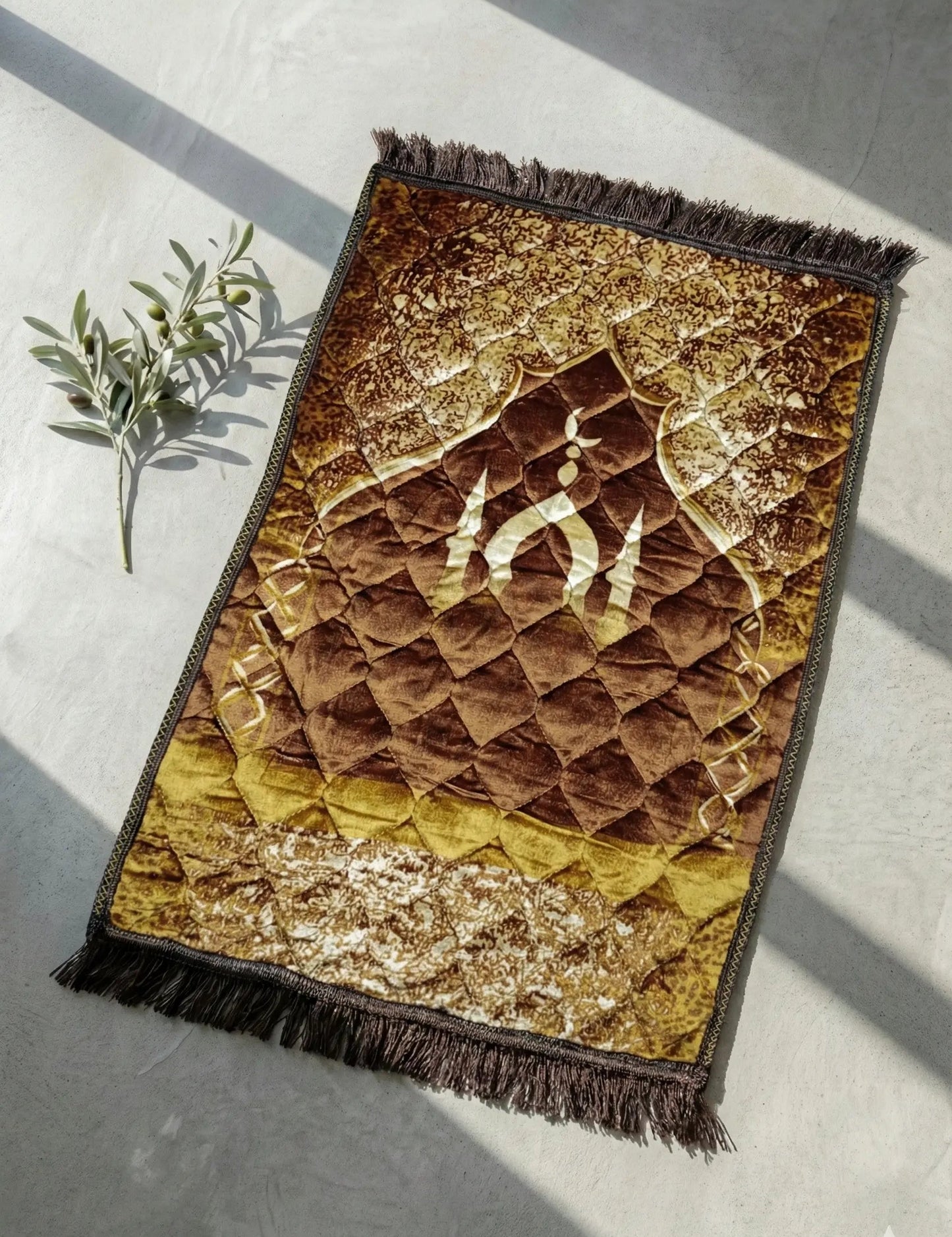 **Al-Ihsan Amber Brown Velvet Quilted Prayer Mat**
