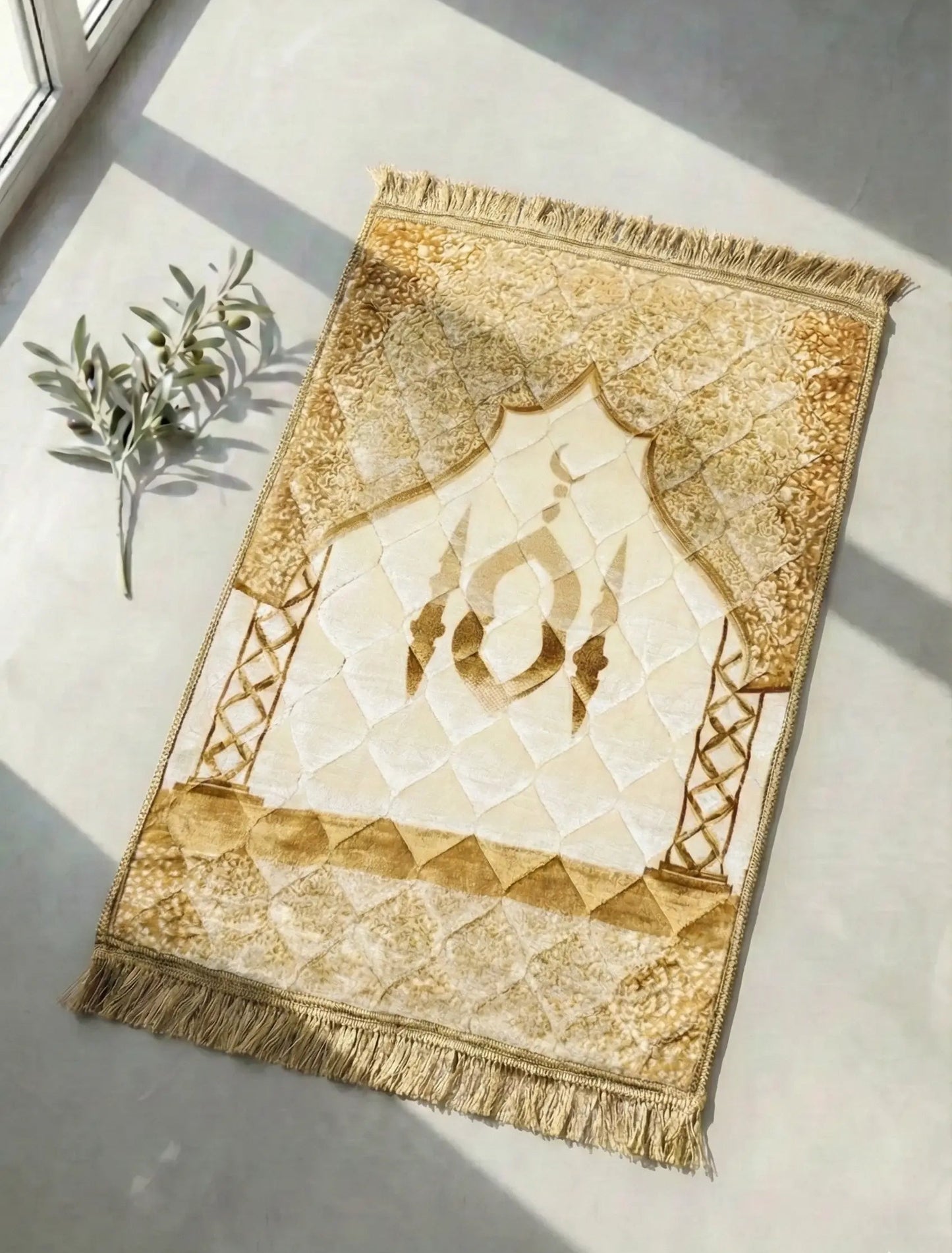 Al-Ihsan Sand Beige Velvet Quilted Prayer Mat