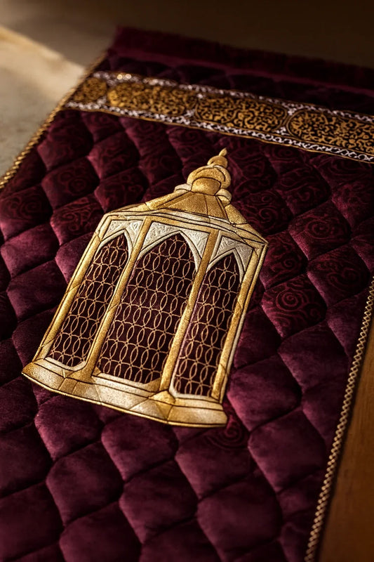 Close-up of maroon Islamic prayer mat with gold embroidered lantern and decorative border