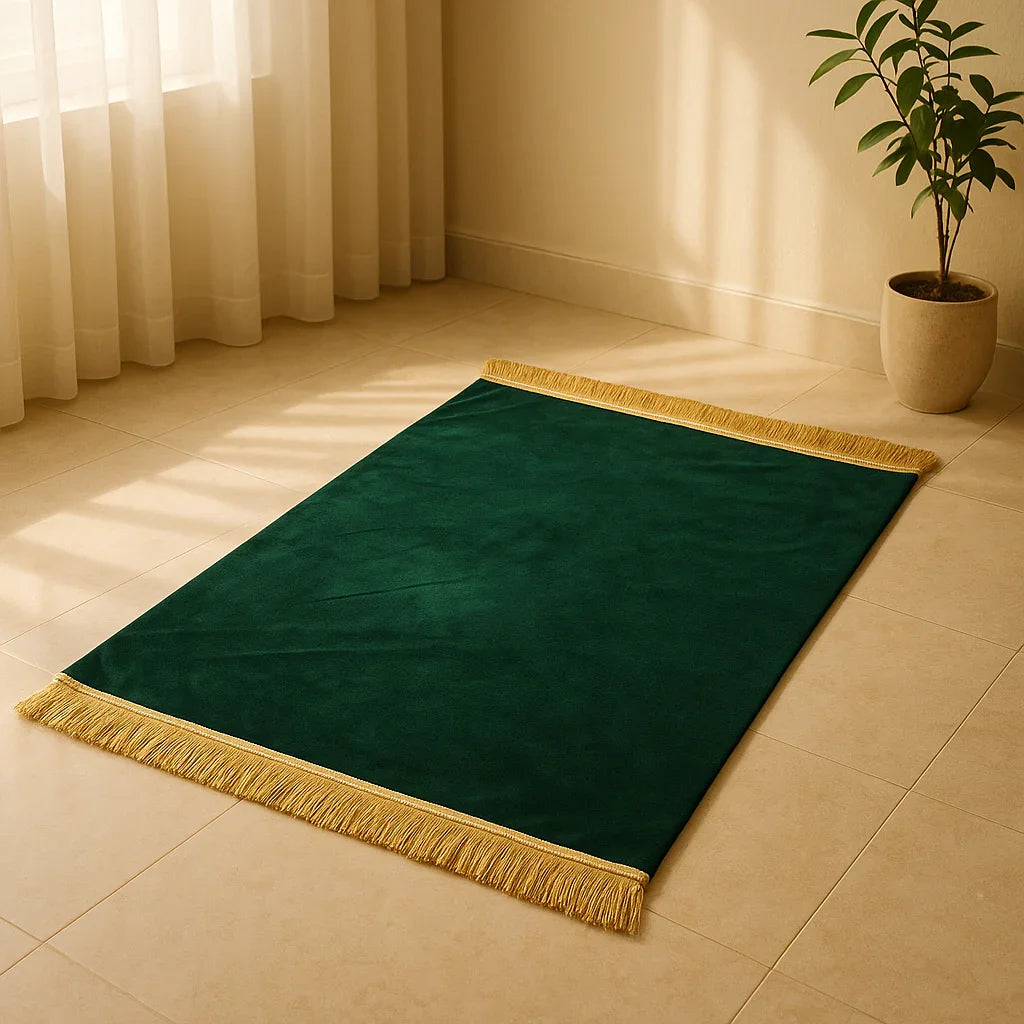 Green Islamic prayer mat with gold fringes on tiled floor beside a plant in a sunlit room