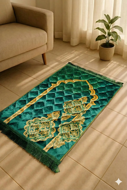 Green Islamic prayer mat with gold ornate design on beige tiled floor near beige sofa and potted plant