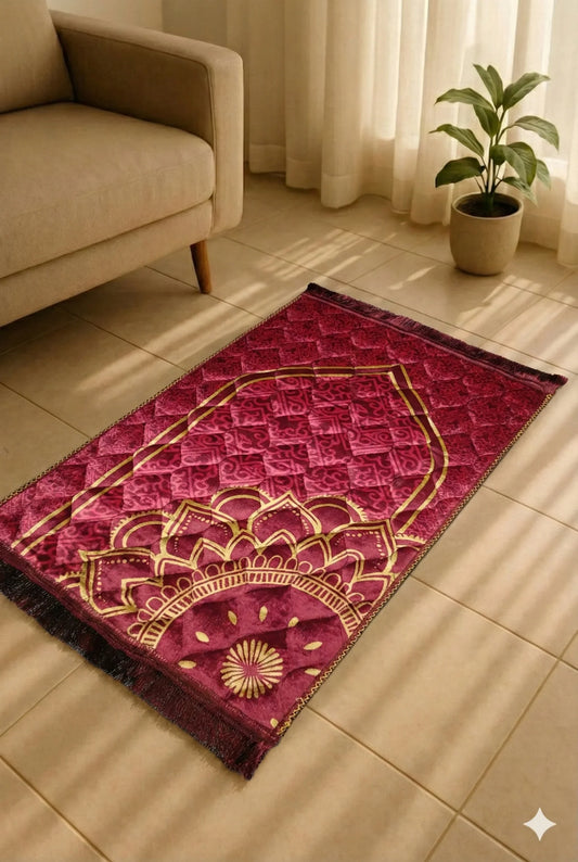 Red Islamic prayer mat with gold geometric patterns on tiled floor near beige sofa and green potted plant